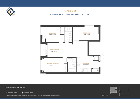 Floor plan for 3 beds, 2 baths, 1077 sqft